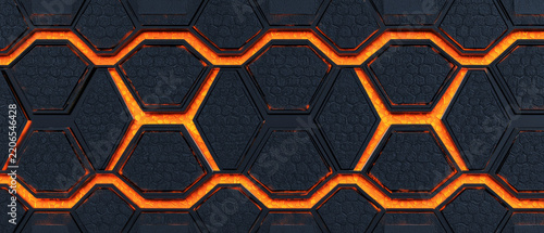 Dark textured hexagonal grid with vibrant orange glowing lines forming a seamless abstract pattern