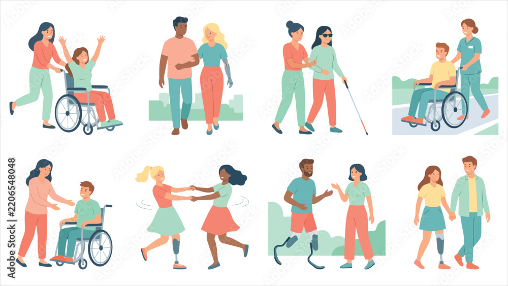Fototapeta premium Set of illustrations featuring people with various disabilities and their supportive companions.
