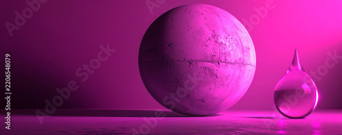 Abstract 3D render featuring a textured concrete sphere and a clear glass water drop on a vibrant pink background. Ideal for modern digital content, tech branding, innovation campaigns, and design.