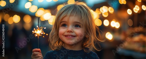 A young child smiles, holding a sparkler with sparkling lights and blurred bokeh in the background. AI.