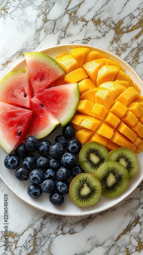 A white plate displays a colorful assortment of cut fruits including watermelon, mango, blueberries, and kiwi slices on a marble surface. AI.