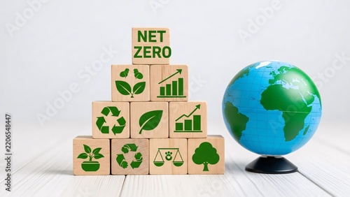 Net zero concept with eco friendly symbols and globe