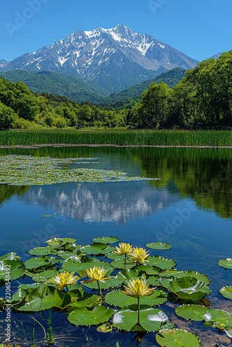 A serene lake reflects a snow-capped mountain, surrounded by lush green trees and dotted with yellow water lilies in the foreground. AI.