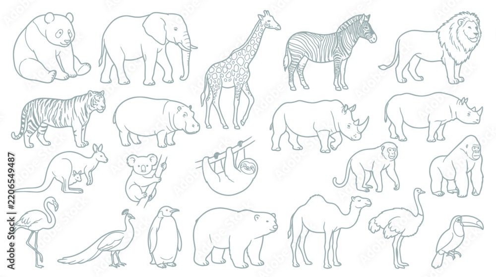 Fototapeta premium Collection of Hand-Drawn Outline Illustrations of Various Animals.