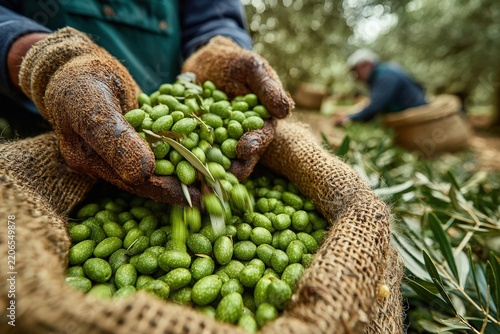 Gloved hands holding freshly harvested green olives above a burlap sack during outdoor agricultural gathering in a sunlit grove, close-up rural produce harvesting scene
