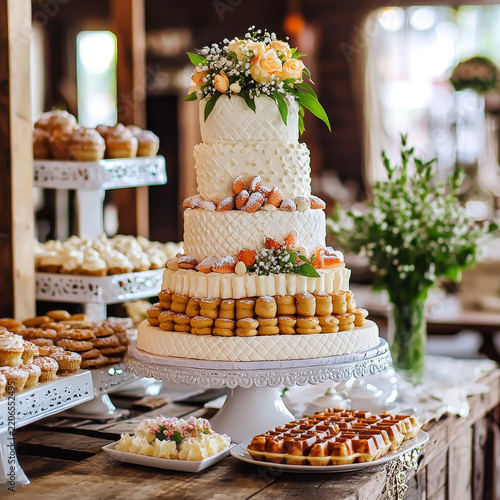Elegant multi-tier white cake with flowers, fruit, and various pastries at a dessert table for a special event