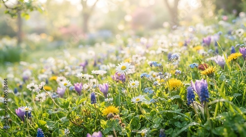 Wildflowers blooming in a sunny meadow with soft natural light