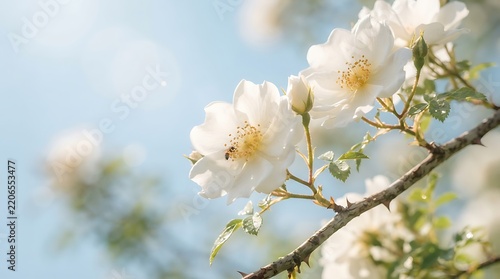 White wild roses blooming on a branch with a bee against a blue sky