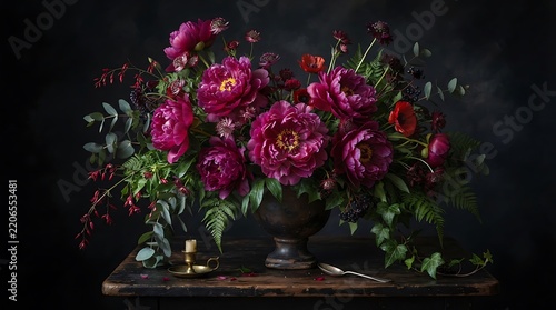 Dark moody floral arrangement of magenta peonies in a vintage vase