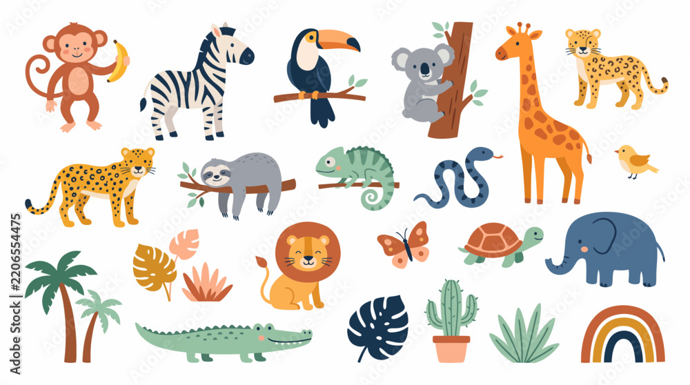 Fototapeta premium Cute wild animal illustrations set featuring safari fauna, tropical plants and exotic jungle creatures, concept for nursery art and children design