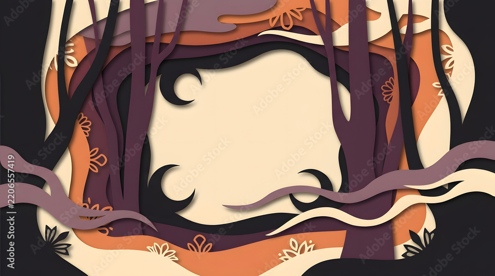 Fototapeta premium Layered Paper Cut Autumn Forest Scene with Dark Silhouette Trees and Mystic Fog Background