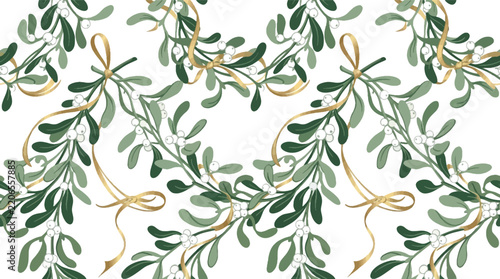 Elegant Christmas Mistletoe and Gold Ribbon Seamless Half-Drop Pattern