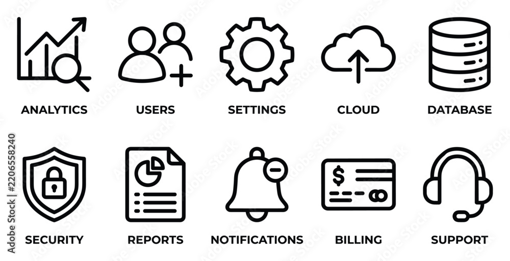 Fototapeta premium Data management line icons set black pictograms analytics users settings cloud database