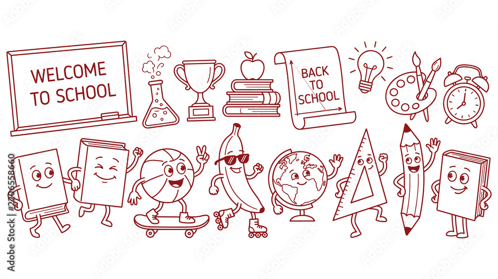 Obraz premium Back to school doodle sticker set with education stationery icons and fun learning theme.