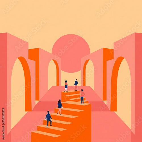 Personas subiendo escaleras hacia el éxito en un entorno arquitectónico moderno y minimalista.