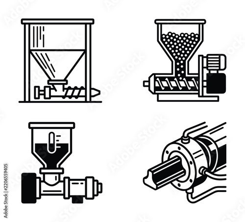 Industrial extruder machinery and plastic injection molding line icons set