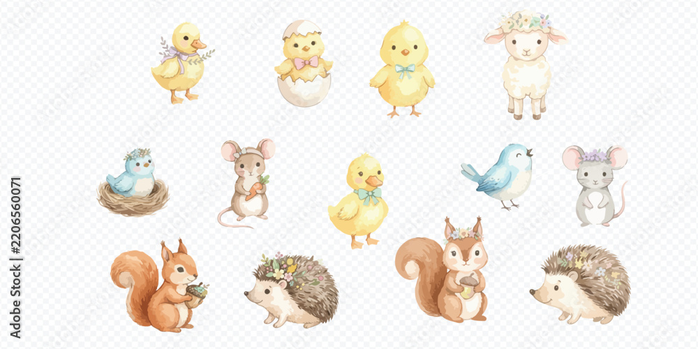 Obraz premium Set of cute watercolor baby animals including chicks, lamb, mouse, squirrel, and hedgehog.