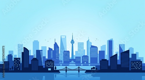 Modern City Skyline Vector Illustration with Skyscrapers and Bridge