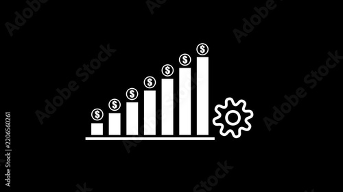 Financial growth bar chart animation with dollar signs and gear for business strategy and economic success