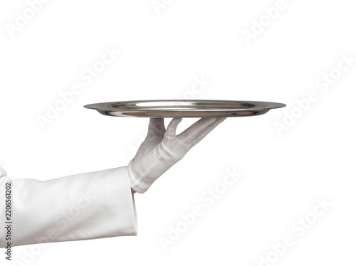 Waiter wearing white glove holding empty silver serving tray