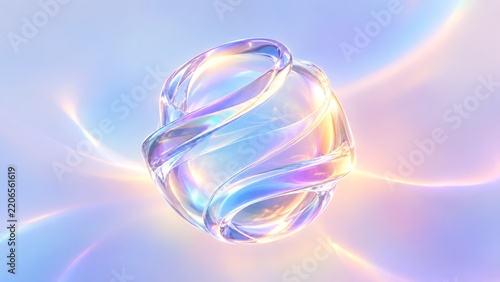 Abstract glossy 3D iridescent glass twisted sphere with rainbow reflection, futuristic crystal ball wallpaper background