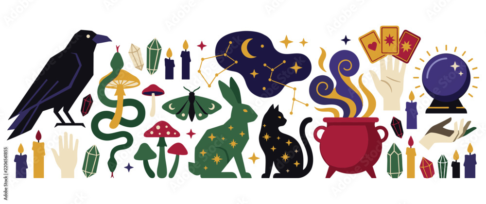 Fototapeta premium Mystical magic elements with crystals tarot and celestial signs flat design collection.