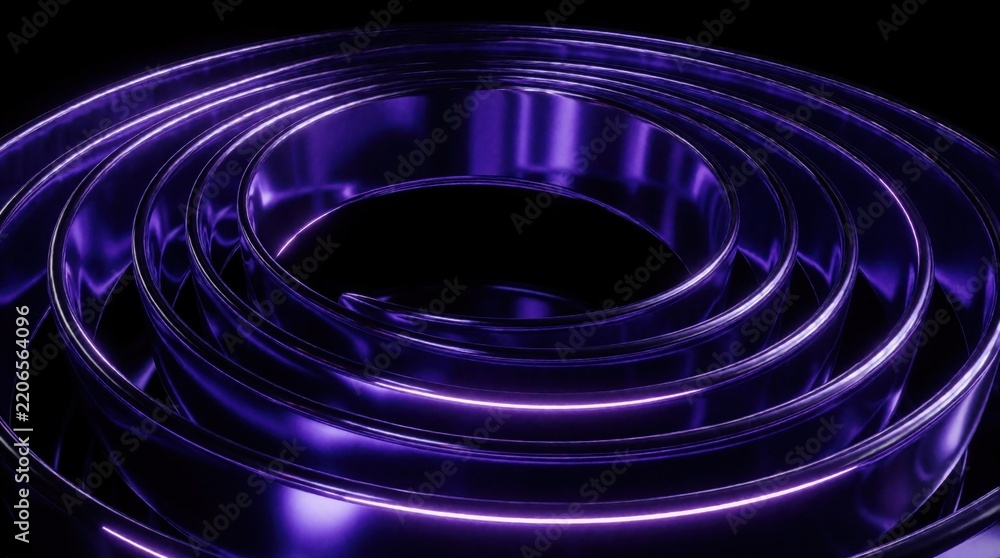 Fototapeta premium Abstract 3D metallic rings rotate in dark space. Glowing purple neon lights shine on circular chrome loops. Futuristic motion design with fluid waves, rhythmic pulsations. Dark background creates