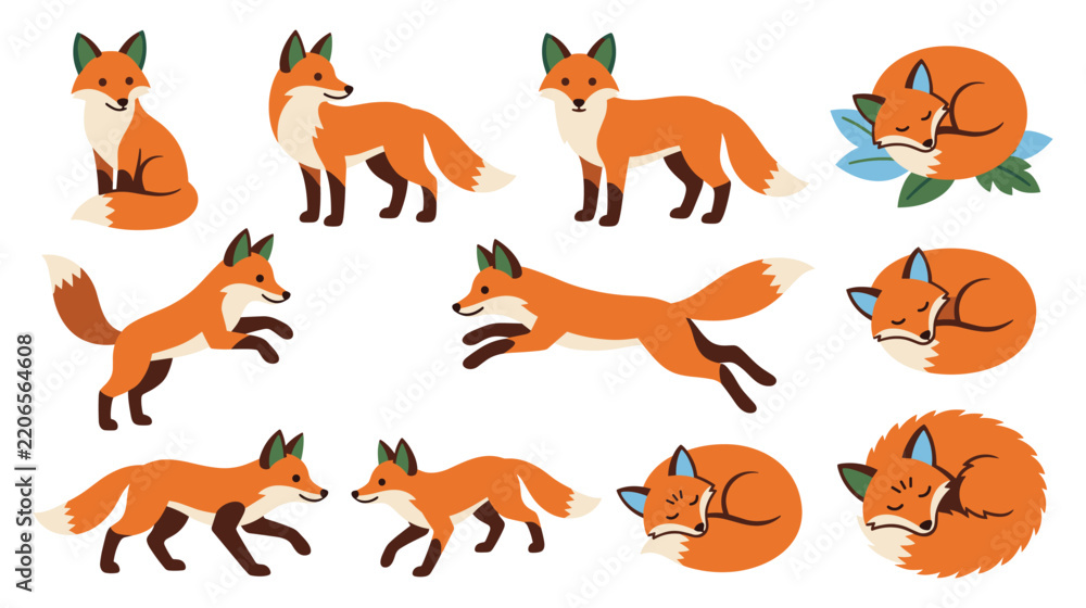 Obraz premium Cute red fox poses including jumping running and sleeping in various artistic flat styles.