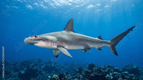 Scalloped Hammerhead Shark Swimming Through Clear Tropical Ocean Water