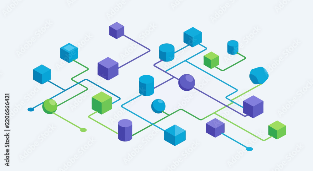 Obraz premium Numerous blue and green isometric geometric shapes, including cubes, spheres, and cylinders, are linked by a complex network of lines on a light blue background.