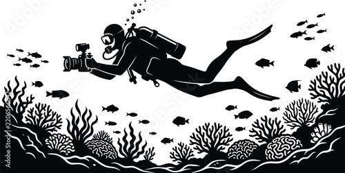 Scuba Diver Photographing Marine Life and Coral Reef Underwater, Ocean Exploration Vector Illustration