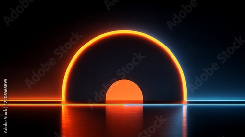 Retro futuristic neon background displaying an orange half circle sun setting behind glowing blue laser lines on a reflective floor.