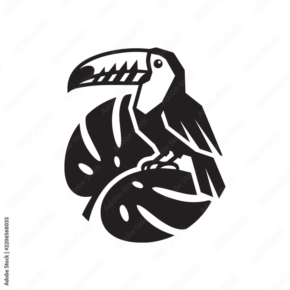 Obraz premium Black and white vector silhouette logo of a toucan bird perched on tropical monstera leaves