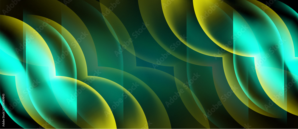 Obraz premium Abstract design features flowing shapes, vibrant teal, gold hues. Dark background emphasizes luminous curves, creating dynamic visual effect.