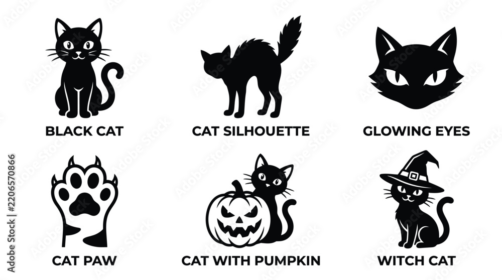 Obraz premium Collection of various spooky black cat icons for festive halloween design projects featuring different cute poses