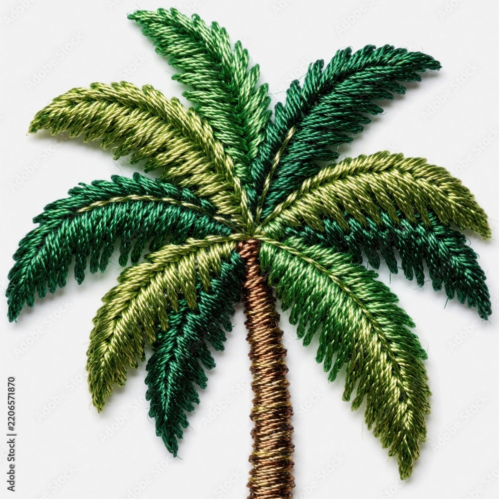 Naklejka premium Embroidered palm tree patch with vibrant green leaves, brown trunk. Detailed hand made tropical plant embroidery on white background. Exotic summer foliage craft icon for fashion apparel, travel