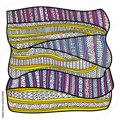 abstract hand drawn ornament with wavy layers, intricate geometric and tangled patterns, colorful zen doodle vector illustration