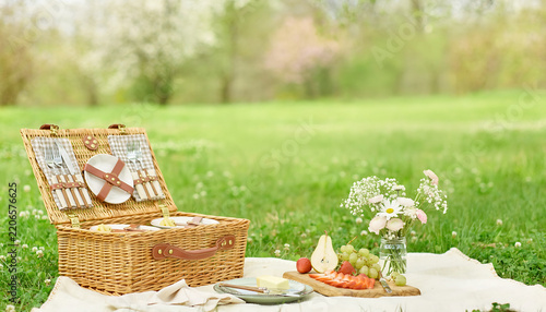 Picnic basket with fresh fruit, flowers and blanket in green meadow