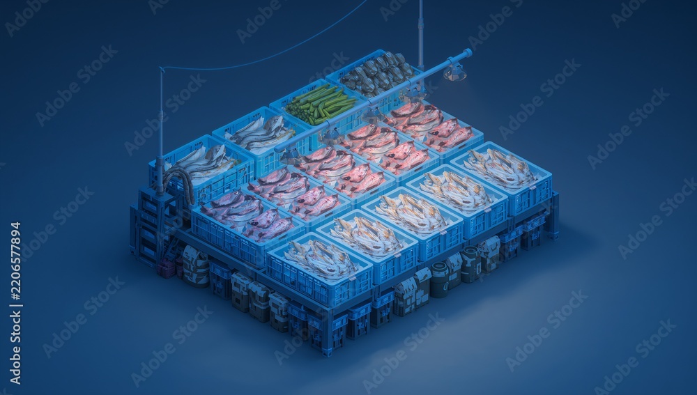 Obraz premium Seafood distribution on a cargo ship at port with crates of fish and marine catch