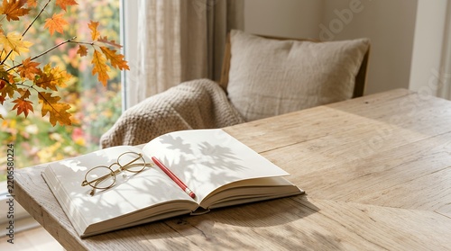 開いた本と眼鏡の秋の読書風景