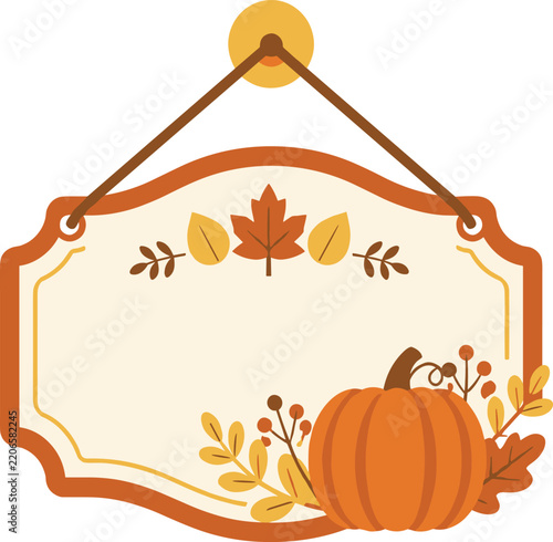 Autumn Sign with Pumpkin and Leaves for Fall Decor