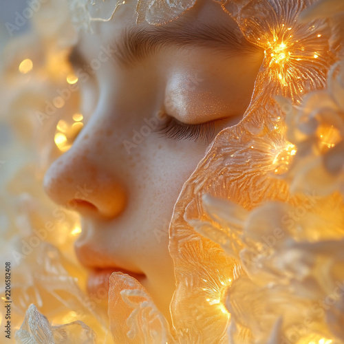 Ethereal Glow: A Dreamlike Portrait of a Woman with Illuminated Flower Petals