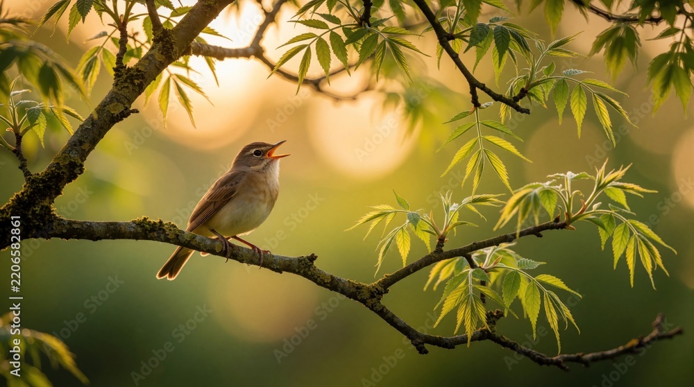 Obraz premium Small nightingale bird perches on tree branch, sings song. Songbird opens beak to chirp during golden hour sunset in spring garden. Wild avian animal sits among green leaves in forest nature setting.