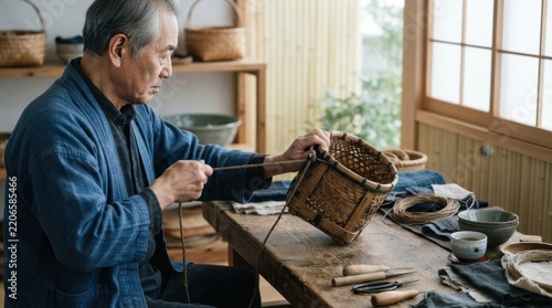 Elderly artisan weaving a basket. The skilled craftsman meticulously weaves a basket in his workshop, surrounded by traditional tools and materials.