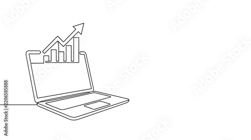 Continuous Line Art Laptop with Rising Business Growth Chart Profit Success