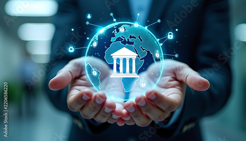 Bank building globe with security icons represents global financial security and economic stability with professional hands cupping it.