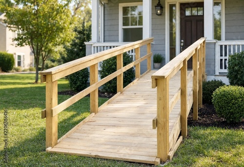 Wooden wheelchair ramp provides safe home access, featuring sturdy construction, protective railings, and convenient mobility support at a residential entrance surrounded by greenery.
