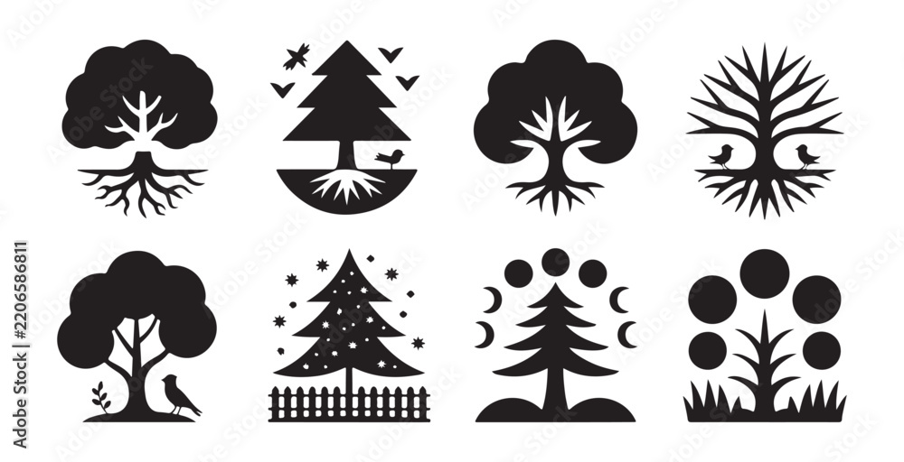 Fototapeta premium Various tree silhouettes featuring birds and starry sky elements for mystical nature graphic design.