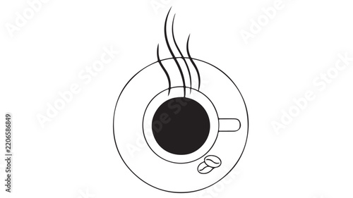 Minimalist coffee cup top view with steaming hot drink and bean on white background