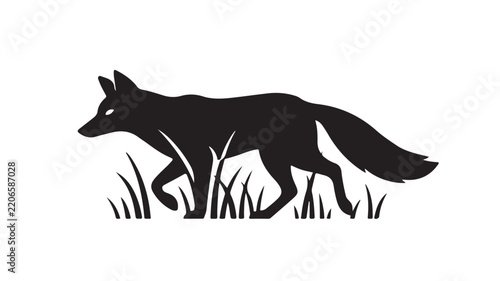Minimalist black fox silhouette walking through grass in flat vector style